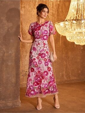 NEW Hot Pink‎ 3D Floral Embroidered Midi Dress | Elegant Wedding Guest Dress